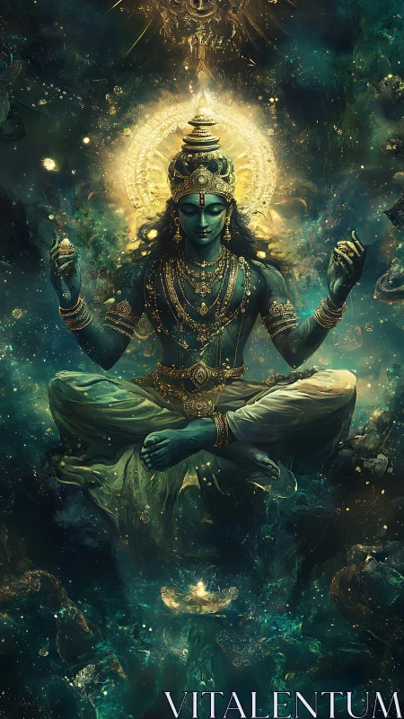 Celestial deity cross-legs the cosmos in glowing teal calm