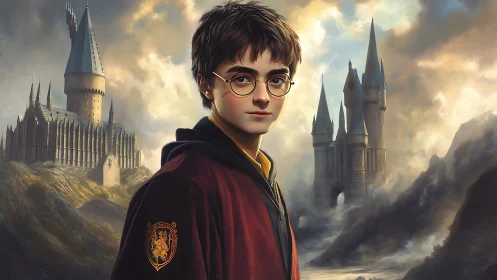 Young wizard portrait before misty gothic castle landscape.