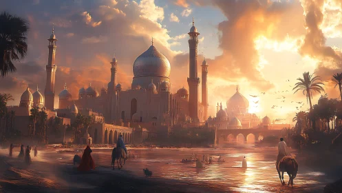 Golden river sunset around a dreaming desert palace.