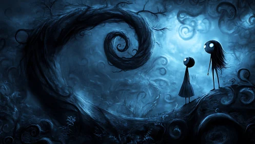 Two glowing-eyed figures wander a haunted blue forest