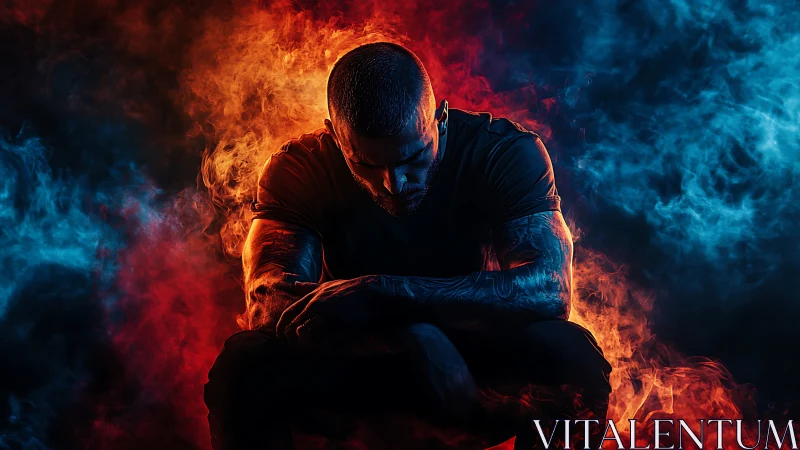 Tattooed athlete in dual-color smoke with dramatic rim light.