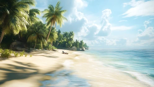 Tropical Coastal Landscape with Palm Grove and Shallow Turquoise Waters Rendered in Photorealistic 3