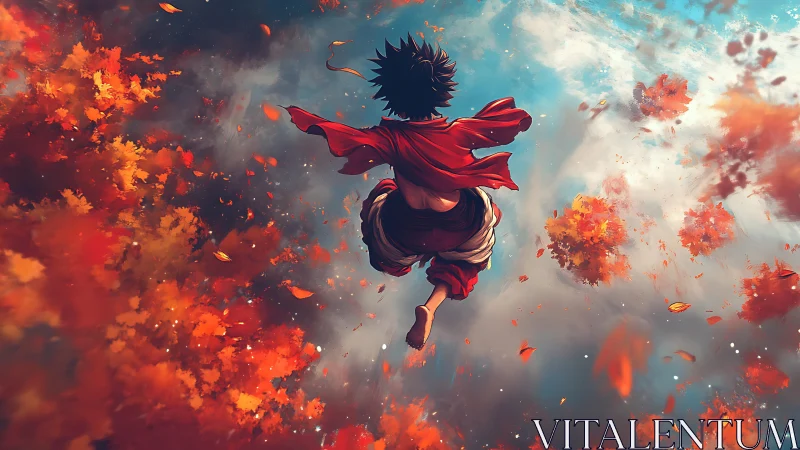 Dynamic anime figure descending through autumnal sky vortex
