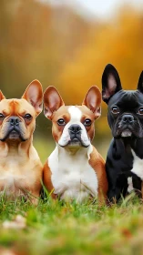 Three small dogs sitting in grass with autumn backdrop.