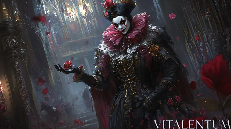 Masquerade jester of roses haunting a baroque twilight hall.