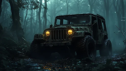 Mud‑scarred jungle jeep prowls through misted midnight forest.