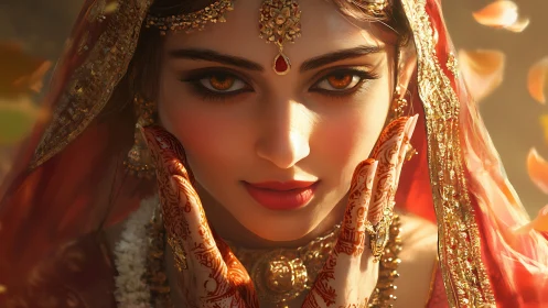 Bridal portrait renders ornate henna and jeweled veil in glow