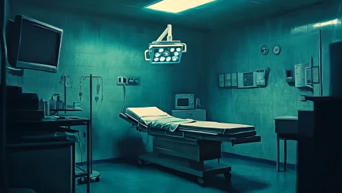 Dimly lit surgical room with empty operating table scene.