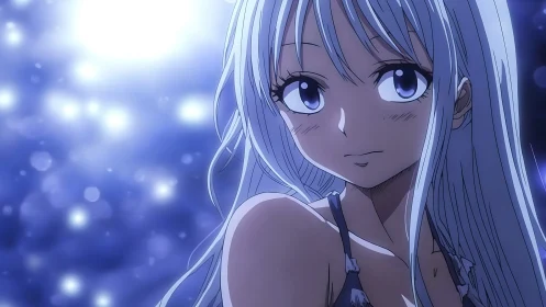 Silver haired anime girl in blue bokeh night lighting closeup