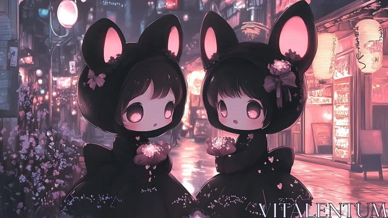 Chibi twins in black bunny cloaks on neon night street.