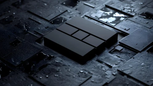 Sleek black geometric logo on wet textured tiles, 3D digital art.