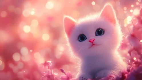 Luminous White Kitten in Dreamy Pink Garden Setting.