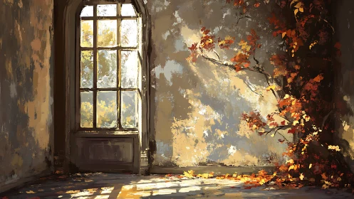 Interior wall with tall window and autumn foliage is depicted