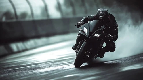 Motorcycle leans through wet racetrack curve in low light