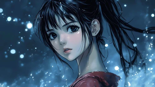 Gazing anime girl in blue night glow with drifting lights.