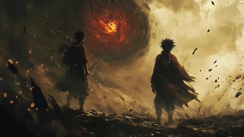 Two cloaked warriors face burning vortex in stormy sky.