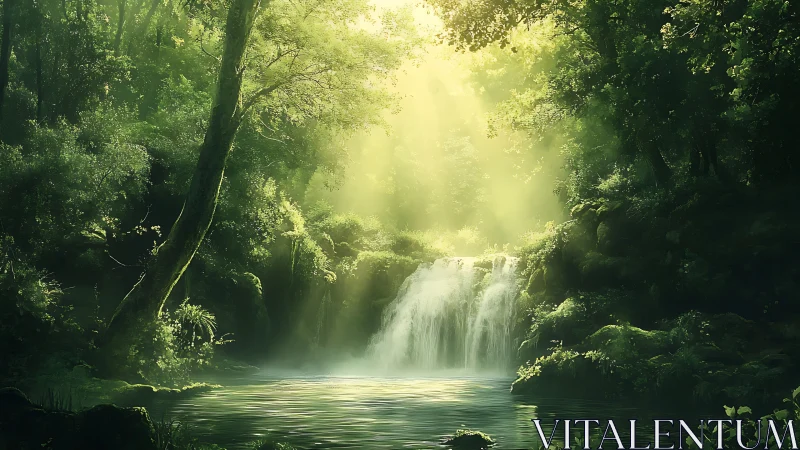 Sunlit forest waterfall cradled in emerald misted stillness.