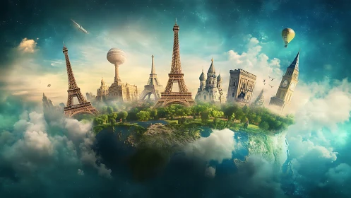 Floating composite cityscape with global landmarks in clouds.