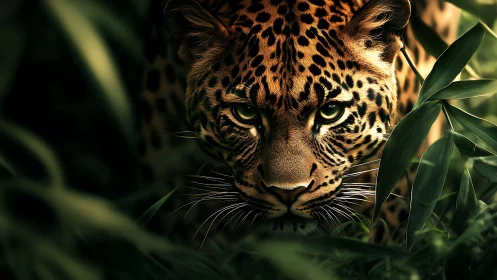 Leopard Head Close-Up Surrounded by Green Foliage