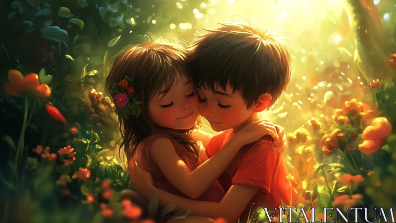 Sunlit Embrace: Childhood Moments in Nature's Garden.