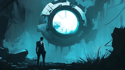 Solitary figure studies illuminated circular portal structure