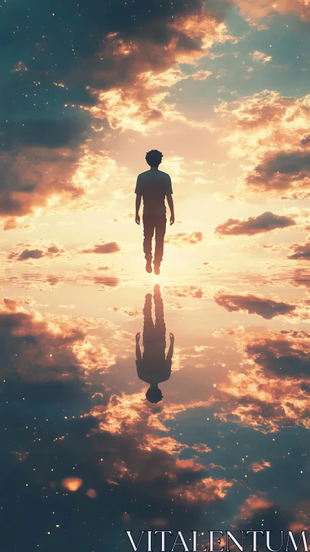 Silhouette walking sky mirror under glowing sunset clouds.