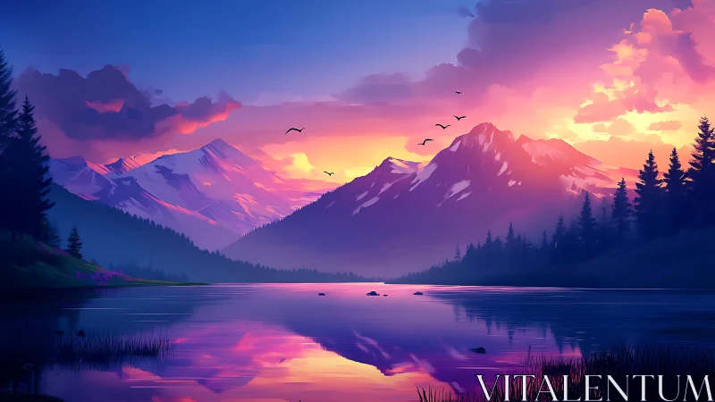 Sunset mountains reflect over tranquil violet alpine lake.