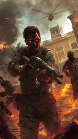Armed zombie soldiers advance through burning urban street.
