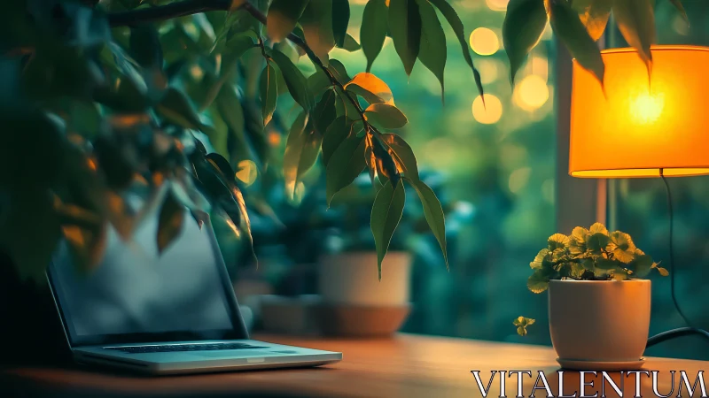 Cozy home workspace glowing with plants and soft evening light.