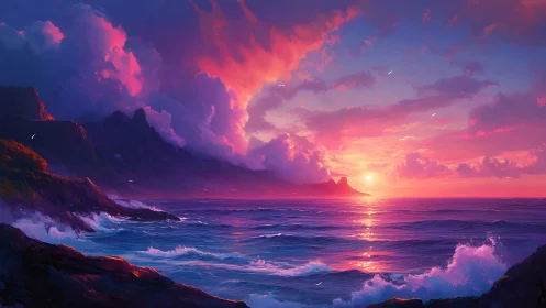 Radiant coastal sunset bathing tranquil waves in glowing color.