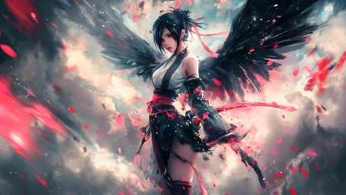 Crimson storm angel unfurls shadowed wings above shattered sky.