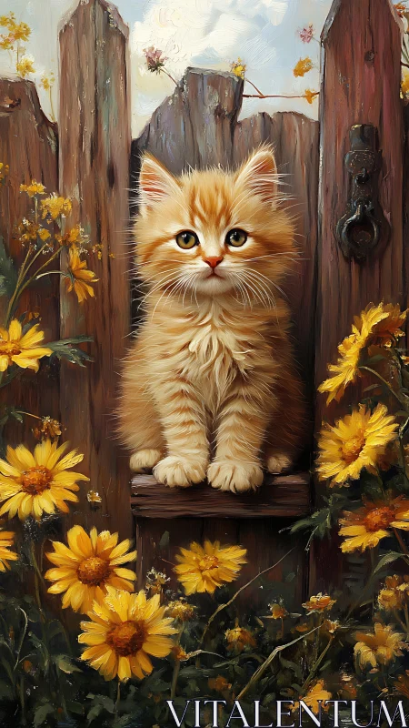 Ginger Kitten Portrait with Impasto Technique in Rustic Garden Setting