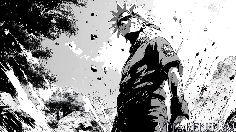 Dynamic manga hero amid explosive forest landscape.