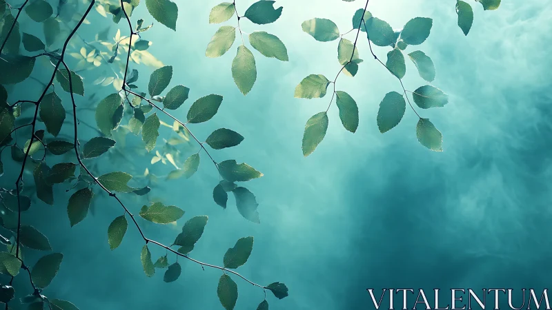 Sunlit Green Leaves Against Soft Blue Misty Background, Nature Art.