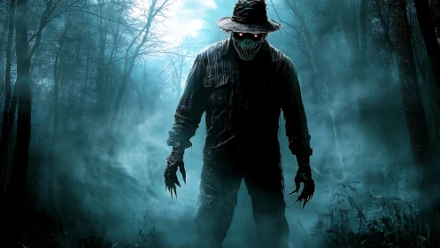Sinister scarecrow stalks a fog-drenched midnight forest