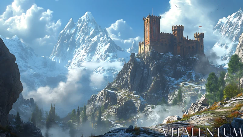 Fortified alpine citadel on stratified snowbound escarpment.