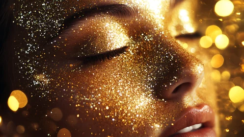 Golden glittered face glows softly under blurred bokeh light