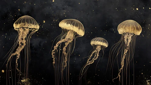 Golden jellyfish drift like lanterns through a starlit abyss