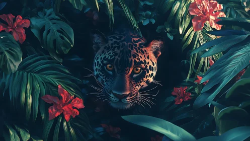 Jaguar stares through dense jungle foliage with vivid flowers