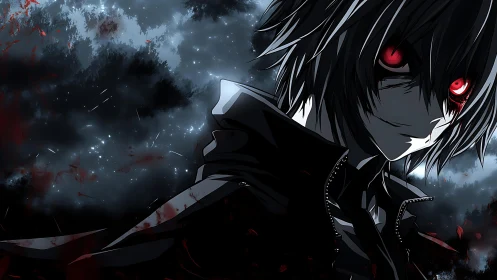 Scarlet-eyed night wanderer in a storm of shadow and sparks.