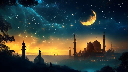 Night sky illuminates domed mosque skyline under crescent moon