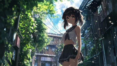 Backlit anime schoolgirl in overgrown alley with volumetric light