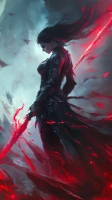 Armored sorceress with crimson energy blade in dynamic storm