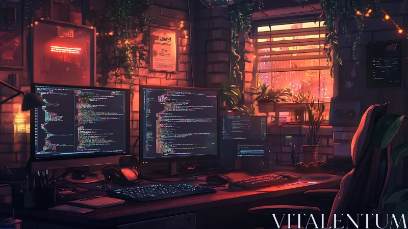 Multi-monitor coding workstation in warm-lit urban studio.