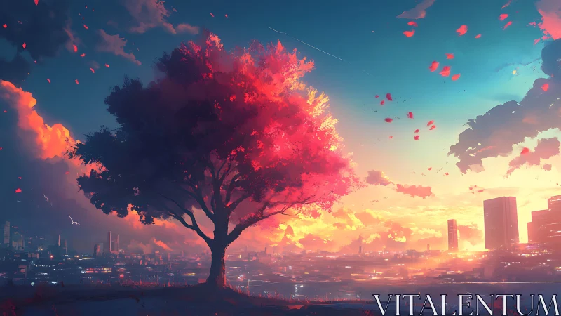 Solitary crimson tree above luminous futuristic cityscape.