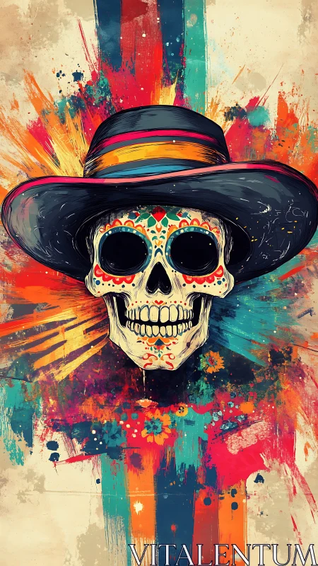 Colorful sugar skull in a wide hat bursting with joy.