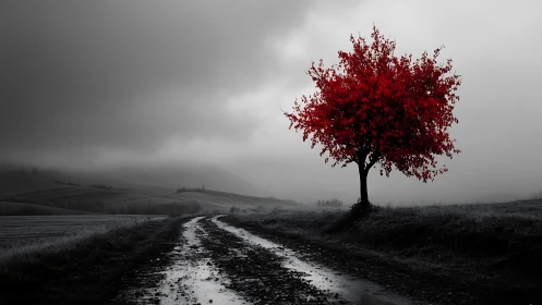 Lone red tree glowing softly beside a quiet country road.