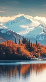 Snow-covered mountains rise above autumn forest and lake