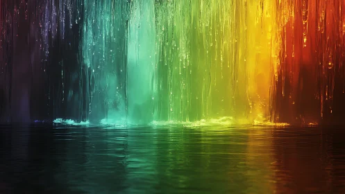 Prismatic waterfall curtain spilling color into silent water.