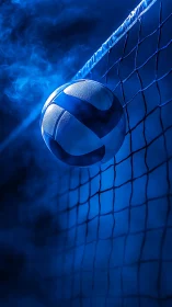 Volleyball contacts net in monochromatic blue environment